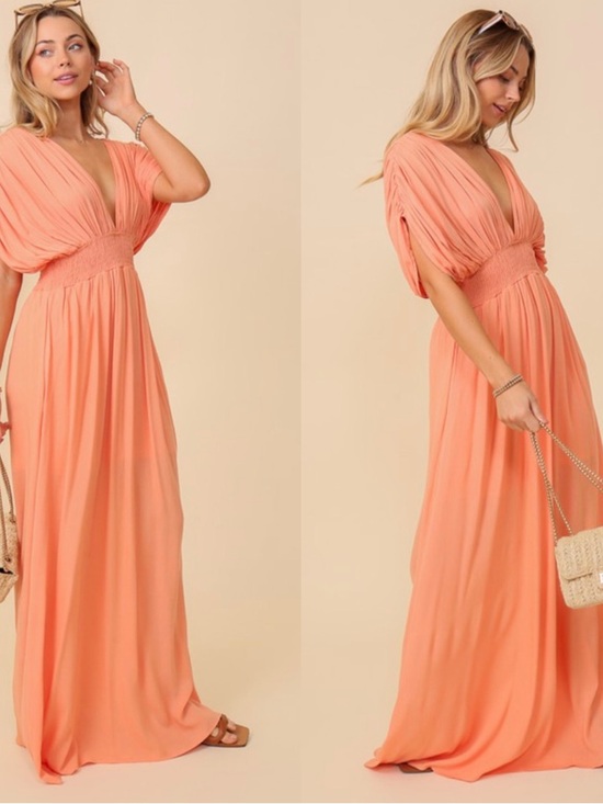 Timing Dresses & Skirts - Timing Coral Pleated V-Neck Maxi Dress
